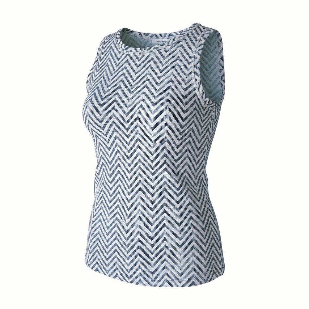 Athleta (Small) Chevron Sleeveless Tank Top White Navy Modal Polyester Crew Neck